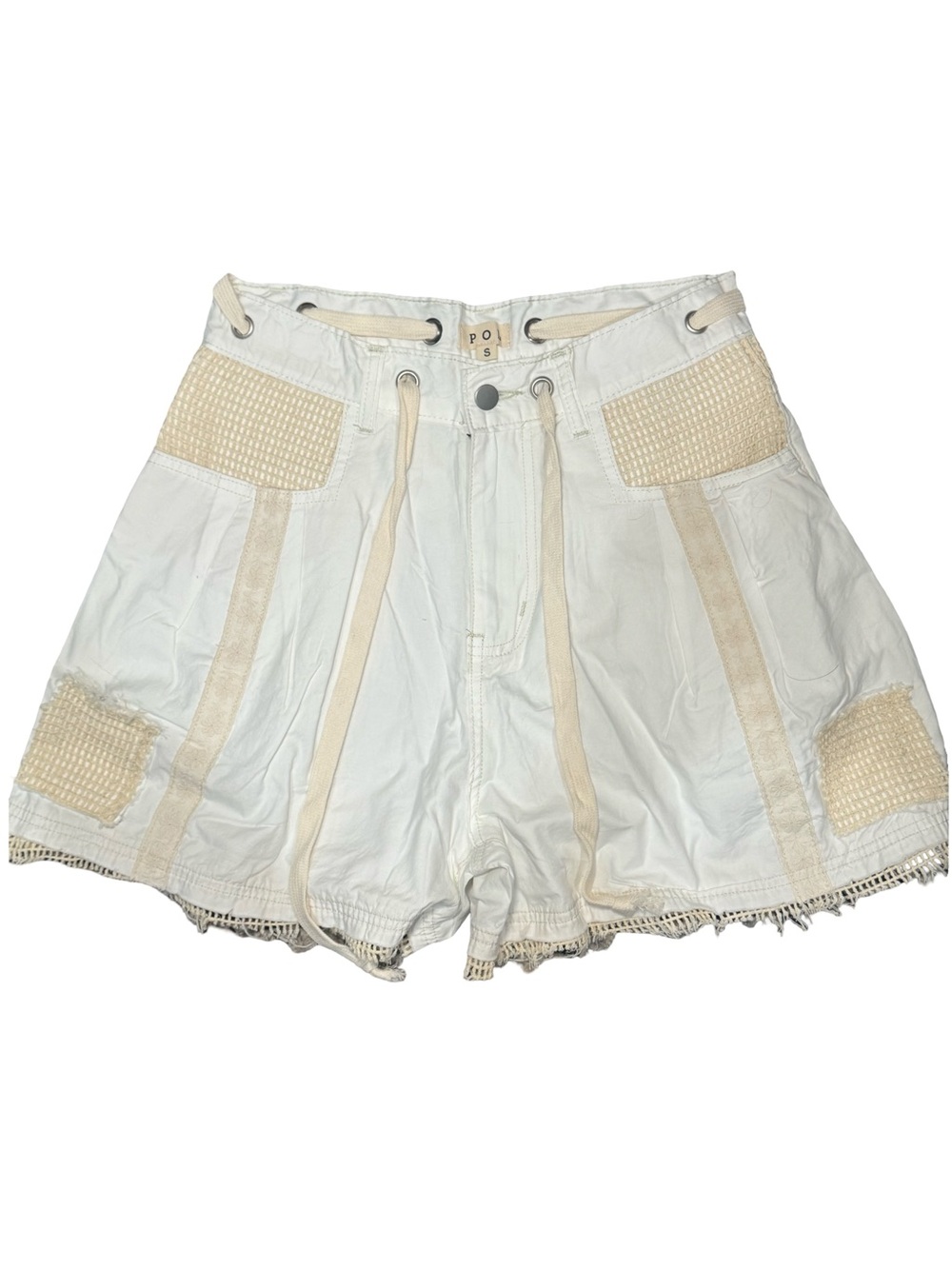 POL White High-Waist Drawstring Shorts with Beige Trim patches crotchet pockets